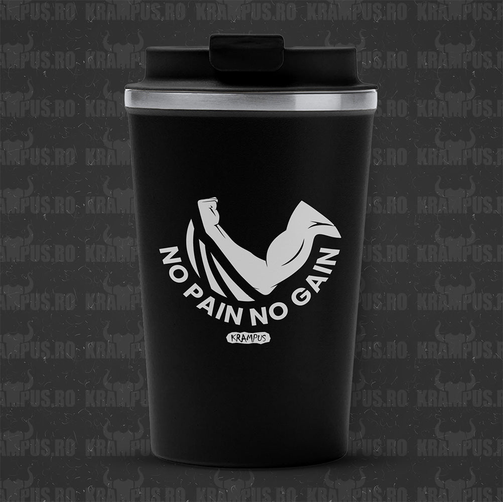 Termos Cafea Inox, 450ml, Negru Mat – No Pain No Gain Fitness Edition