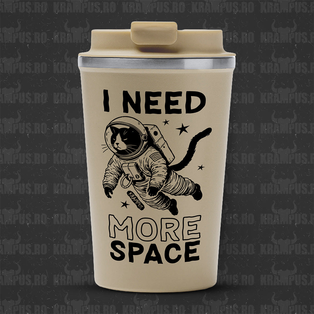 Termos Cafea Inox, 450ml, Crem Mat – I Need More Space Cat Astronaut
