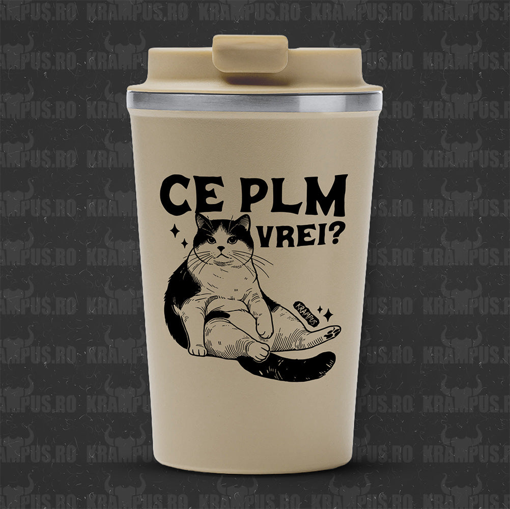 Termos Cafea Inox, 450ml, Crem Mat – Pisică Sarcastică: Ce PLM Vrei?