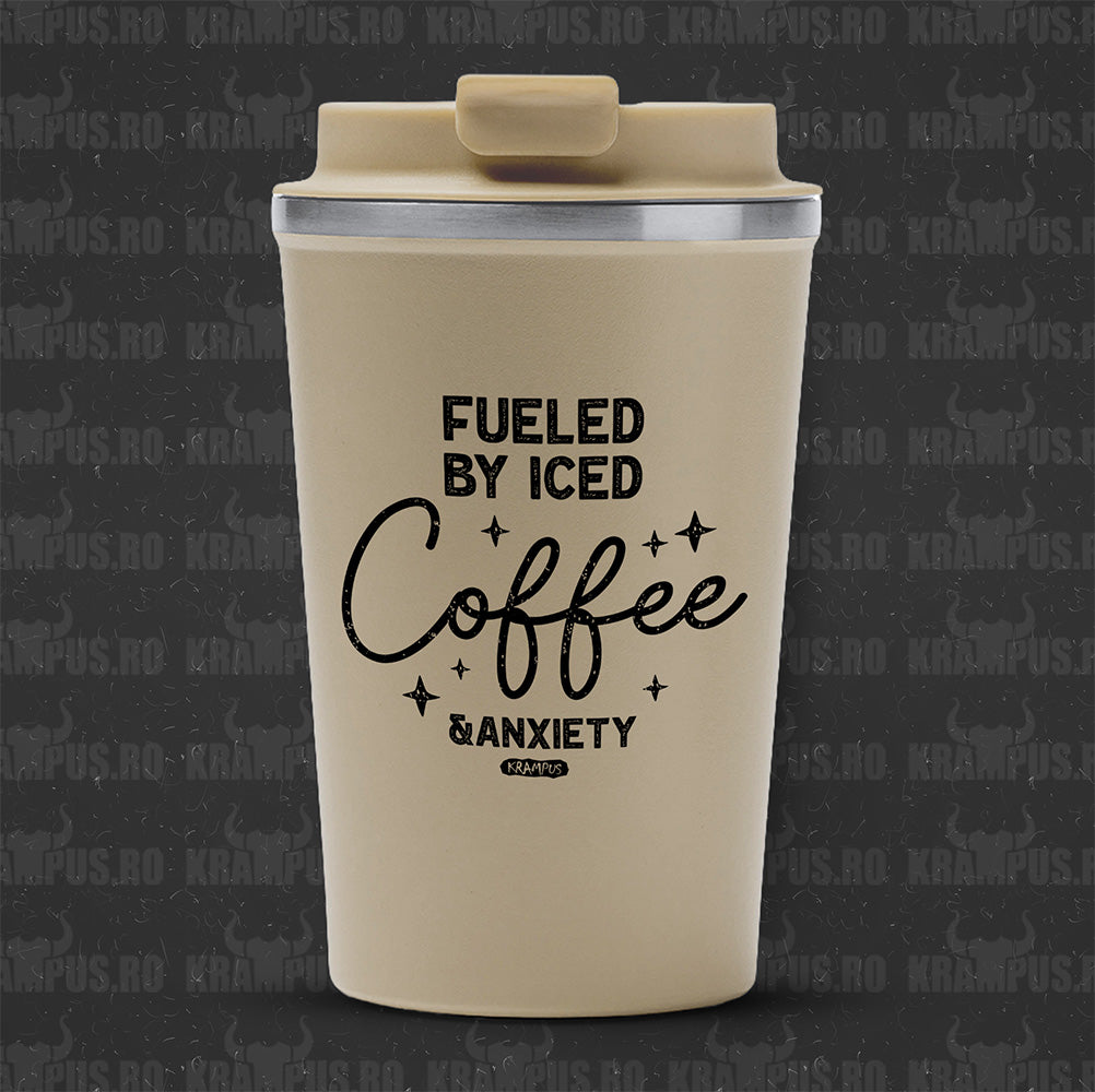 Termos Cafea Inox, 450ml, Crem Mat – Fueled by Iced Coffee & Anxiety