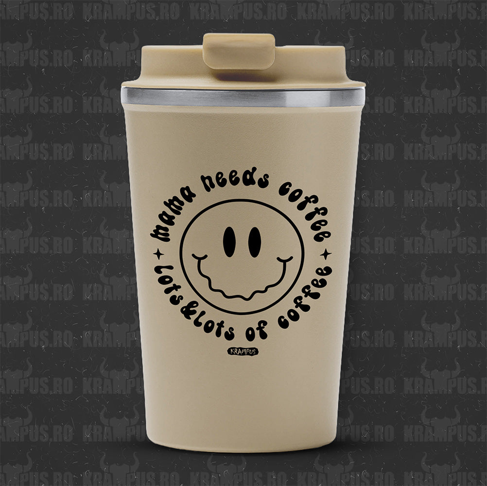 Termos Cafea Inox, 450ml, Crem Mat – Mama Needs Coffee Retro Smiley