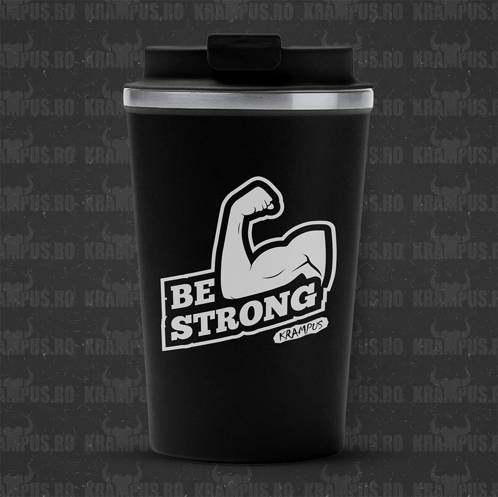 Termos Cafea Inox, 450ml, Negru Mat – Be Strong (Gym Edition)