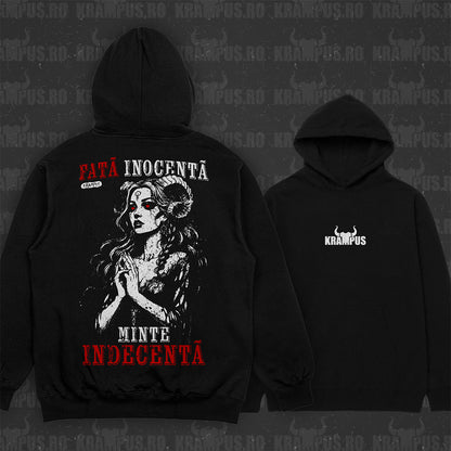 Hanorac Negru Unisex Fată Inocentă, Minte Indecentă
