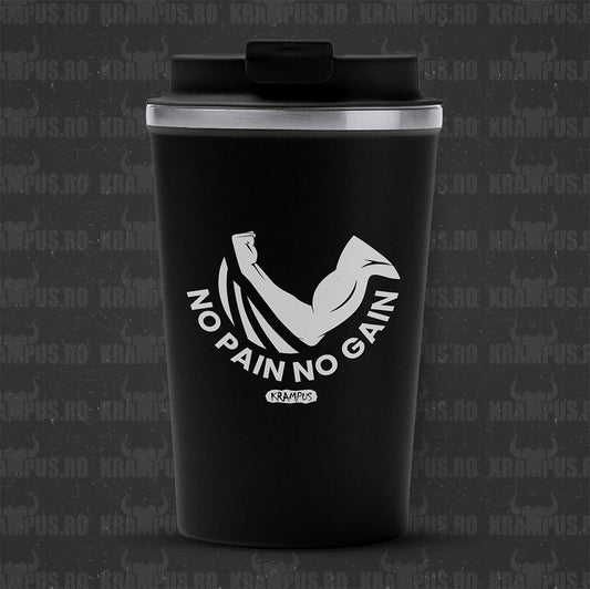 Termos Cafea Inox, 450ml, Negru Mat – No Pain No Gain Fitness Edition