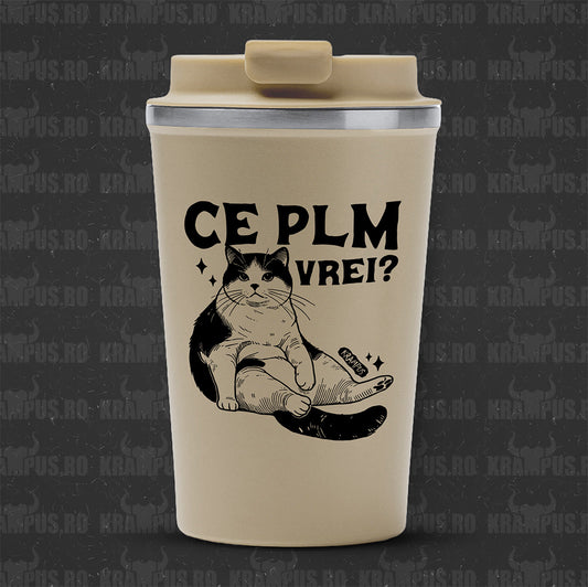 Termos Cafea Inox, 450ml, Crem Mat – Pisică Sarcastică: Ce PLM Vrei?