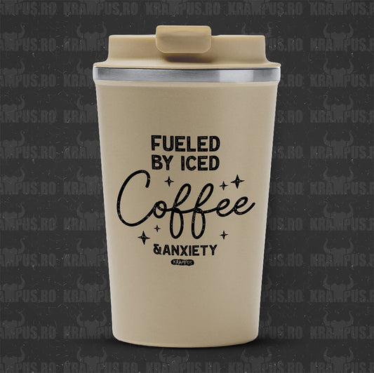 Termos Cafea Inox, 450ml, Crem Mat – Fueled by Iced Coffee & Anxiety