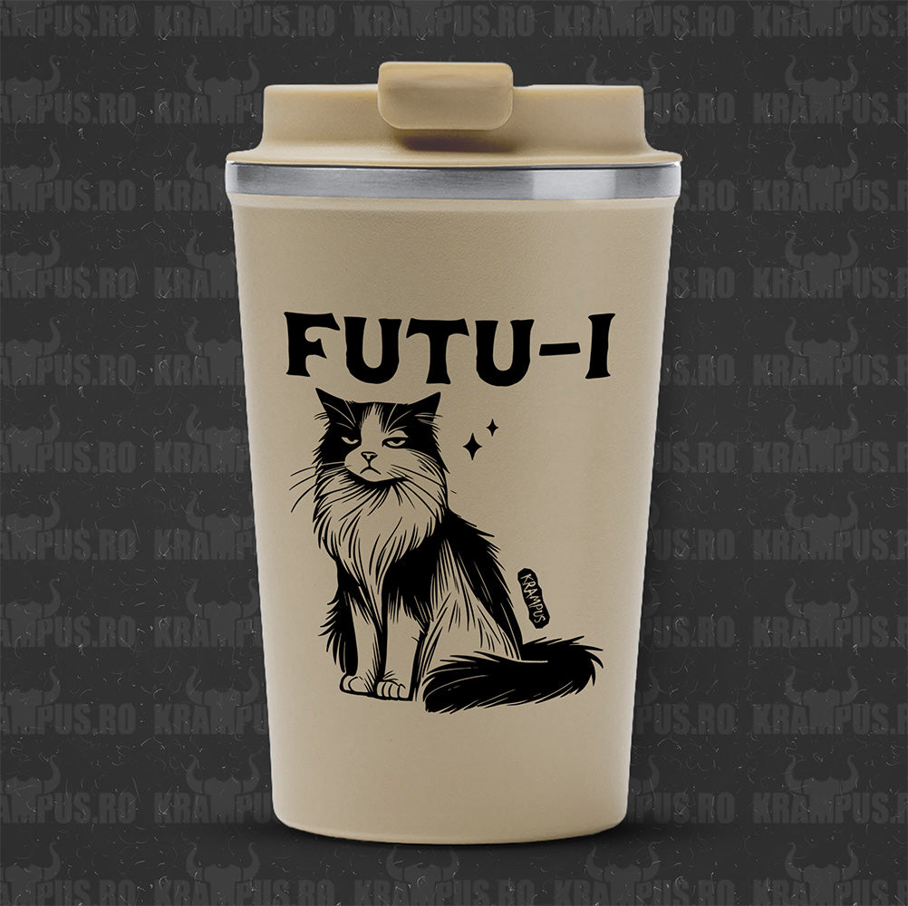 Termos Cafea Inox, 450ml, Crem Mat – Pisică Judecătoare: Futu-i