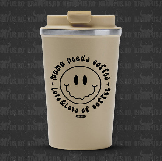 Termos Cafea Inox, 450ml, Crem Mat – Mama Needs Coffee Retro Smiley