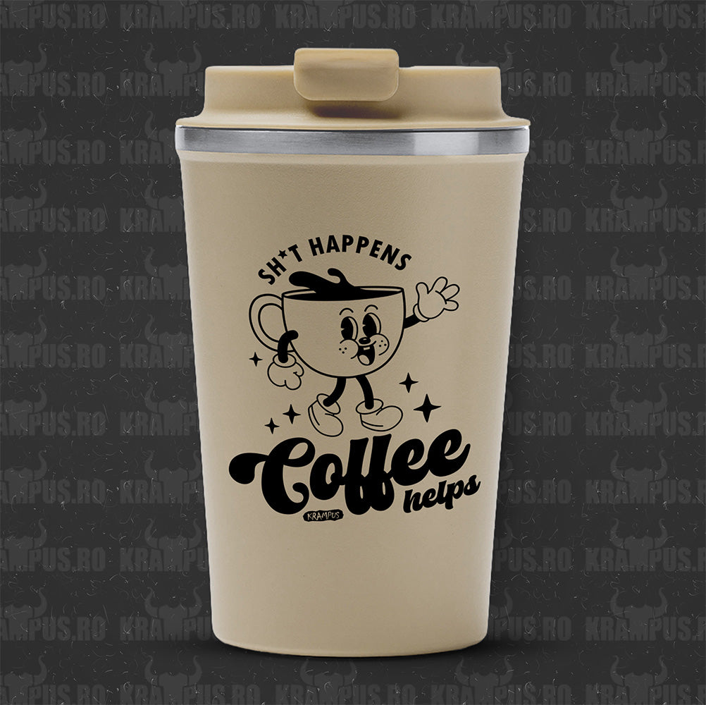 Termos Cafea Inox, 450ml, Crem Mat – Sh*t Happens, Coffee Helps (Retro Style)