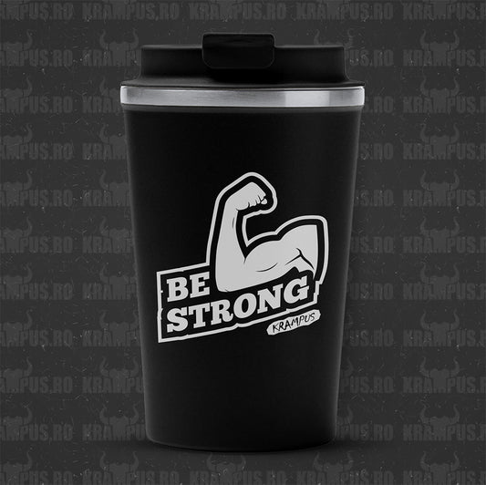 Termos Cafea Inox, 450ml, Negru Mat – Be Strong (Gym Edition)