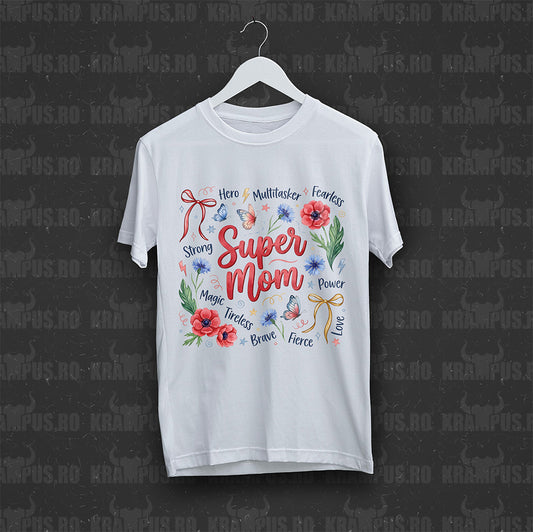 Tricou Alb Super Mom Flori