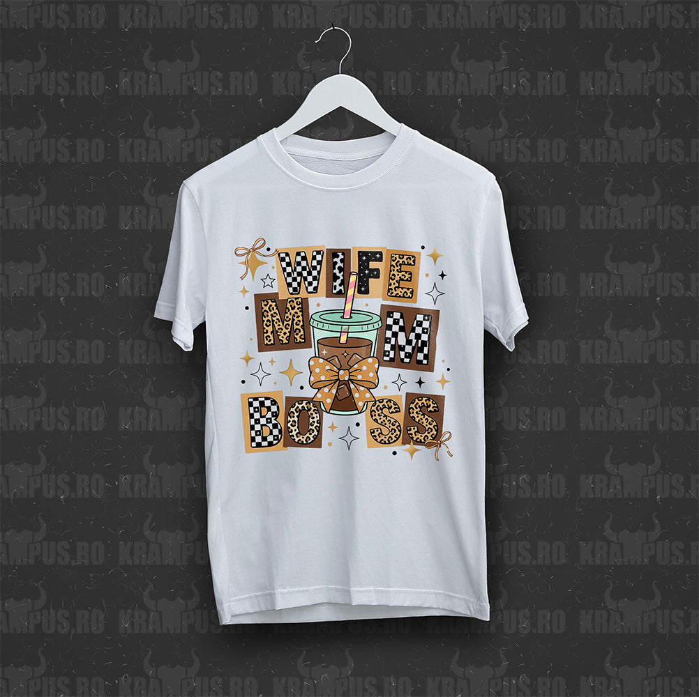 Tricou Alb Wife Mom Boss Brown