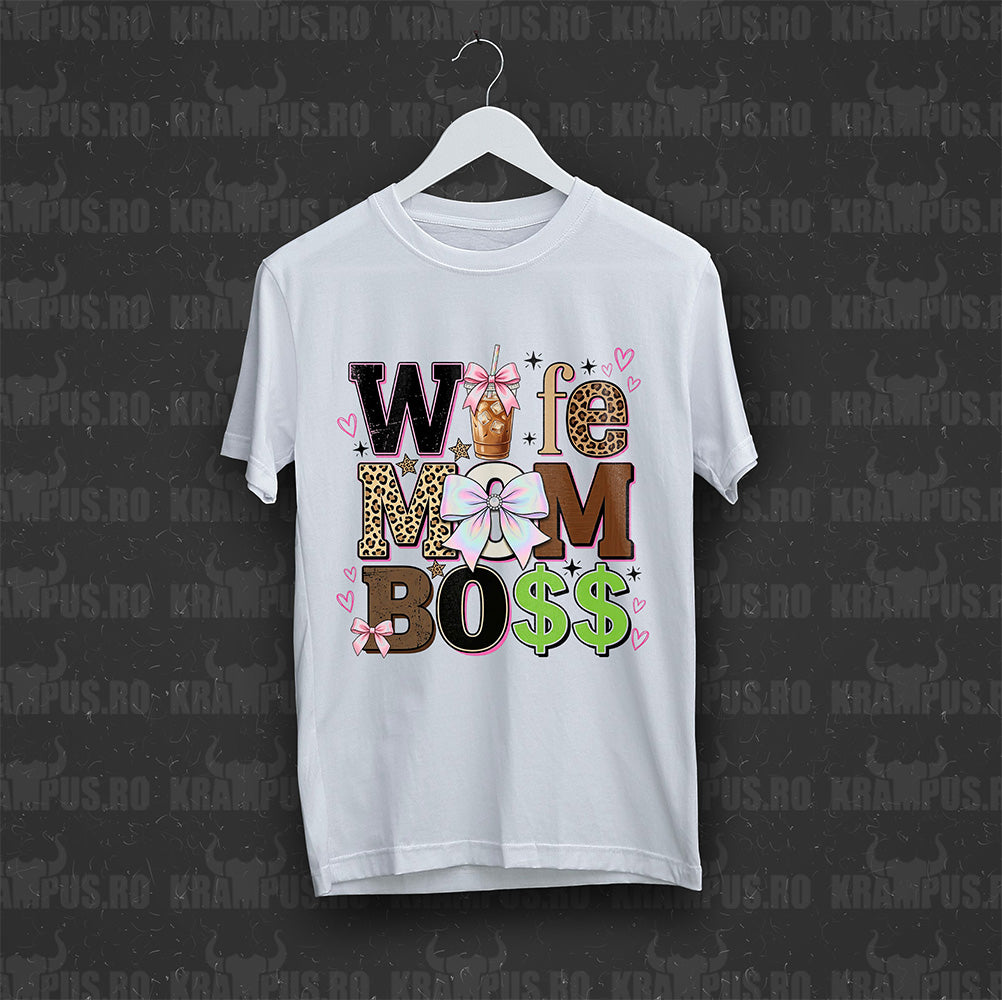 Tricou Alb Wife Mom Boss Ribbon