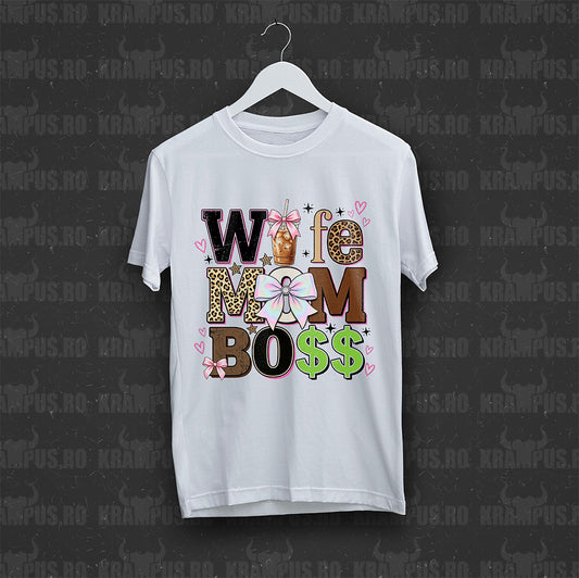 Tricou Alb Wife Mom Boss Ribbon