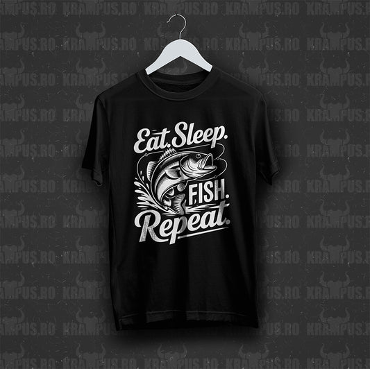 Tricou Negru Pescuit - Eat Sleep Fish Repeat